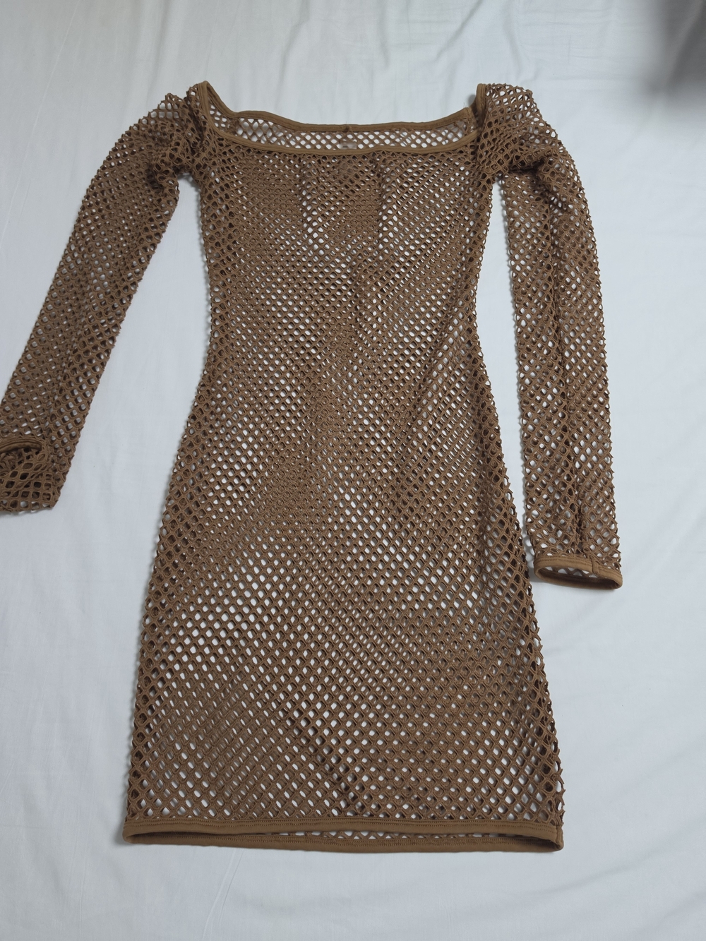 Fashion Nova Brown Crochet Long-Sleeve Mesh Dress - Picture 2 of 8